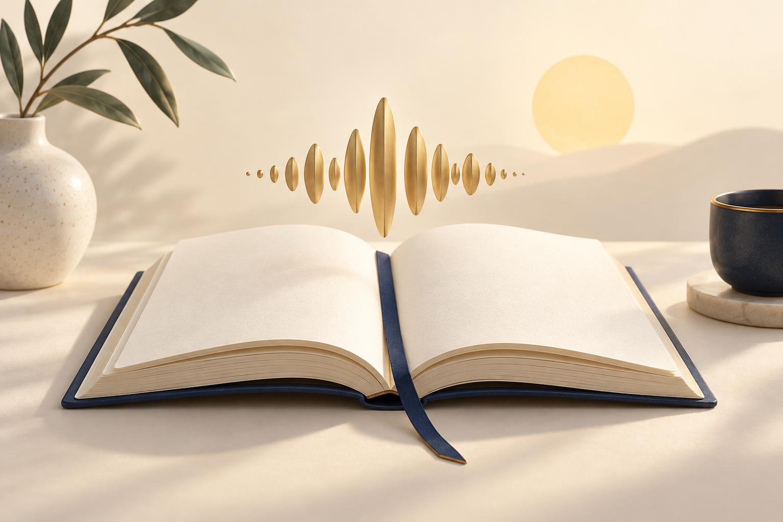 A golden voice waveform above an open journal
